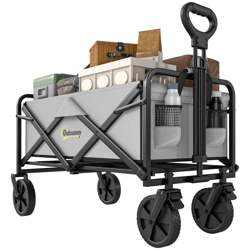 Outsunny Folding Pull Along Cart Cargo Wagon Trolley with Telescopic Handle - Dark Grey