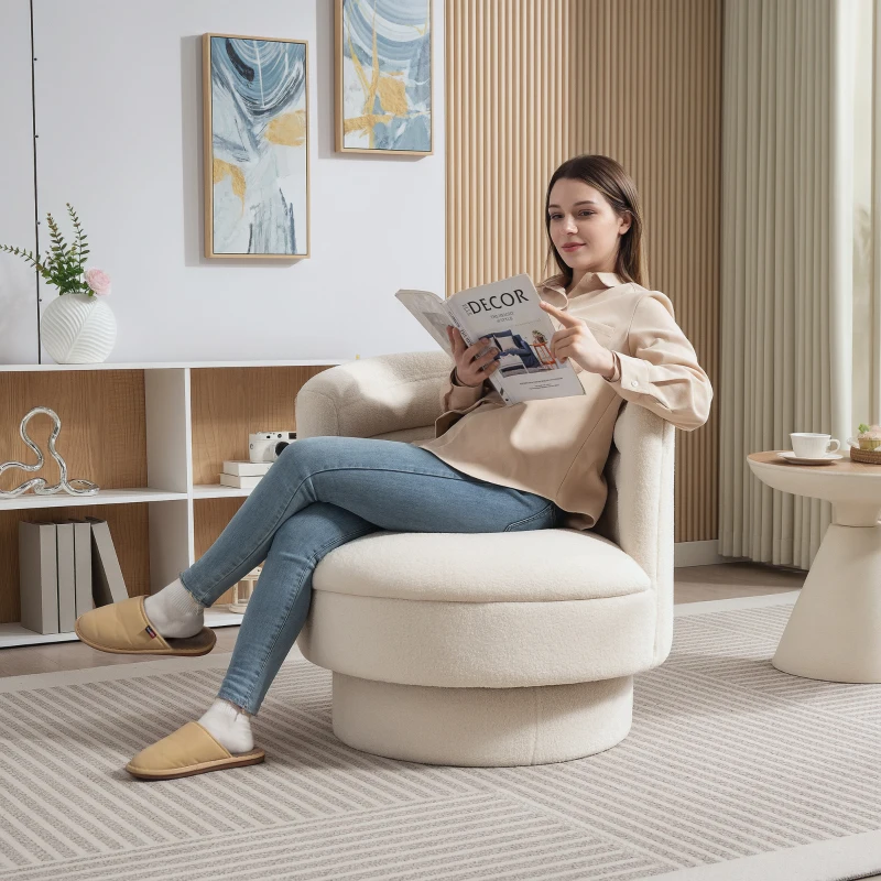 HOMCOM Drehbarer Polstersessel, Moderner Lounge-Sessel mit Kautschukholzrahmen, für Wohnzimmer, Schlafzimmer, Cremeweiß(m-8)