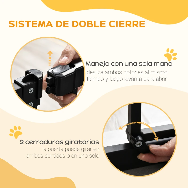 PawHut Barrera de Seguridad para Perros 74-80 cm con 2 Extensiones Montaje a Presión Doble Bloqueo para Puerta Escalera Negro
