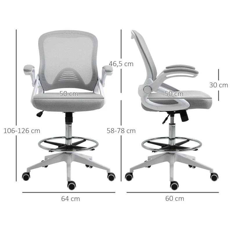 Vinsetto Bureaustoel, Ergonomische Schreibtischstoel, Sta-functie, met Voetensteun, Draaibare Zitting, Staal, Zwart, 64 x 60 x 106-126 cm(m-3)