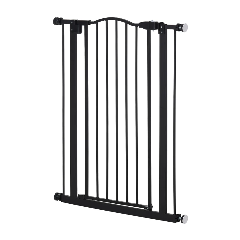 PawHut Barrera de Seguridad para Perros 74-80 cm con 2 Extensiones Montaje a Presión Doble Bloqueo para Puerta Escalera Negro