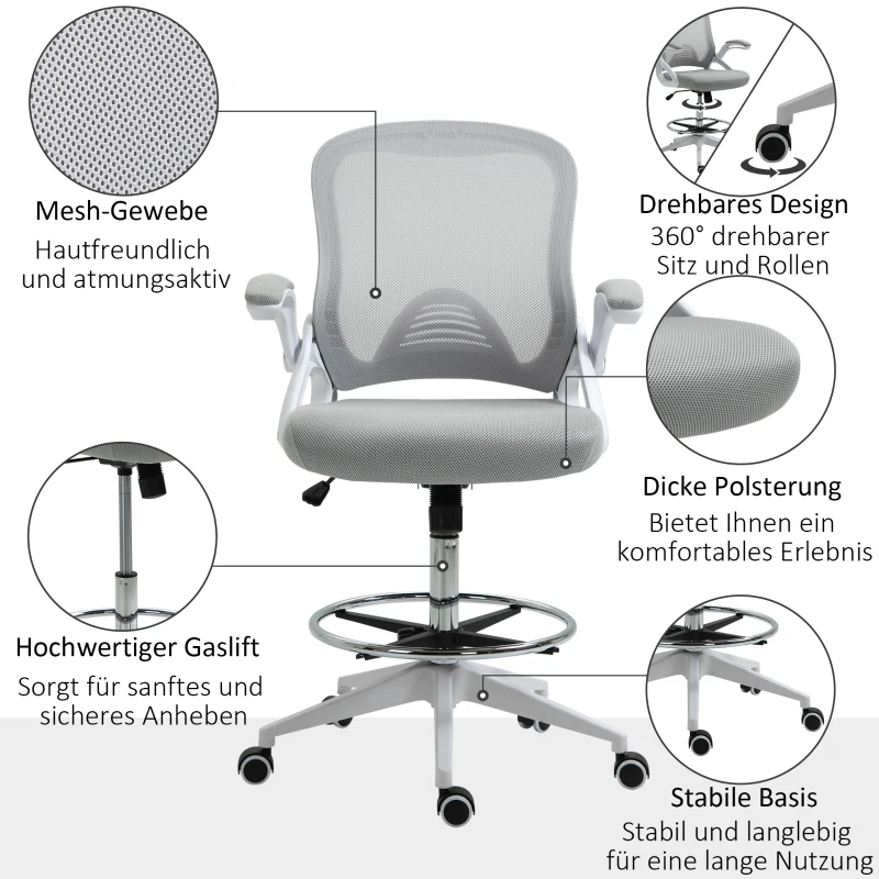 Vinsetto Bureaustoel, Ergonomische Schreibtischstoel, Sta-functie, met Voetensteun, Draaibare Zitting, Staal, Zwart, 64 x 60 x 106-126 cm(m-7)