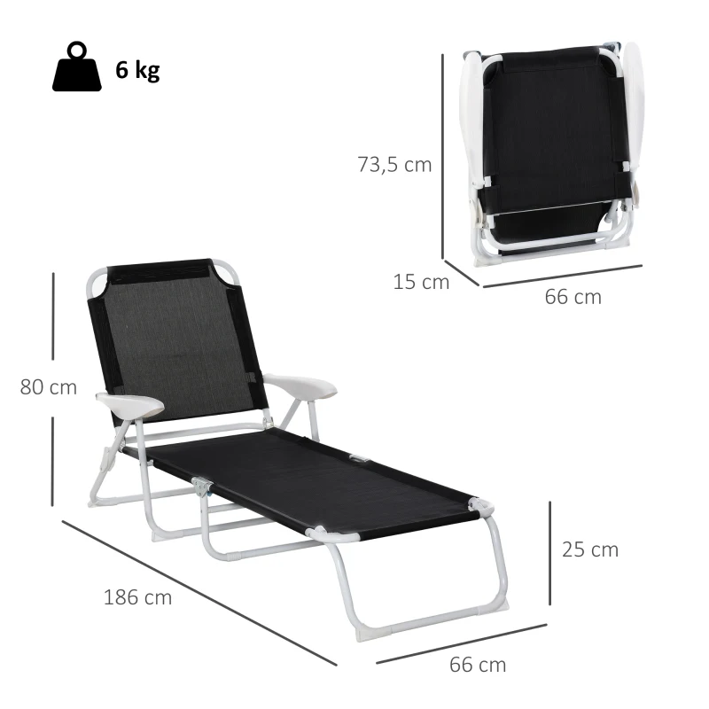 Outsunny Bain de Soleil Pliable - transat inclinable 4 Positions - Chaise Longue Grand Confort avec accoudoirs - métal époxy textilène - dim. 186L x 66l x 80H cm - Noir