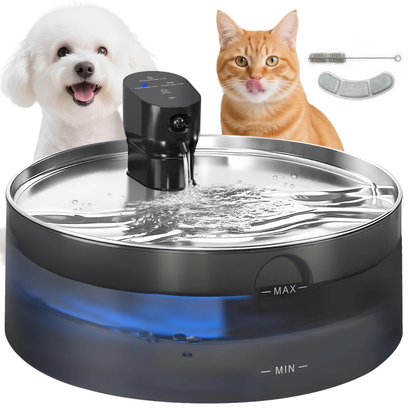 PawHut 7L Drinkfontein voor Huisdieren met Stille Pomp LED Actieve Koolstoffilter Roestvrij Staal 30,6 x 30,6 x 17,2 cm(m-10)