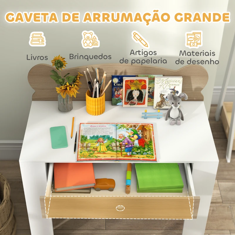 AIYAPLAY Secretária para Crianças com Cadeira em Forma de Ursinho Secretária Infantil com Gaveta para Estudar Ler e Desenhar Branco e Madeira
