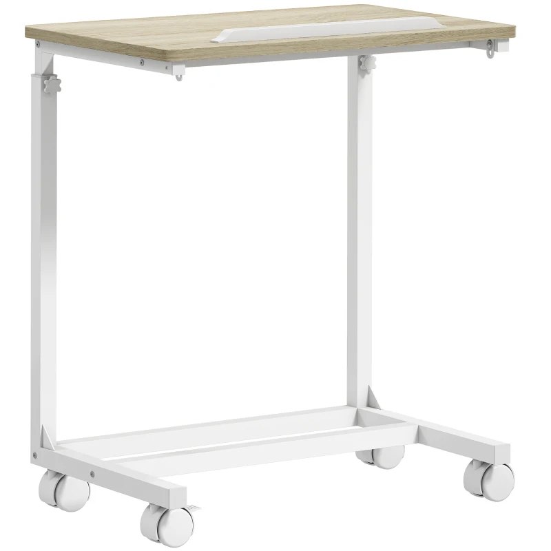 HOMCOM Table d'appoint avec roulettes en forme de C réglable en hauteur avec plateau inclinable, chêne et blanc
