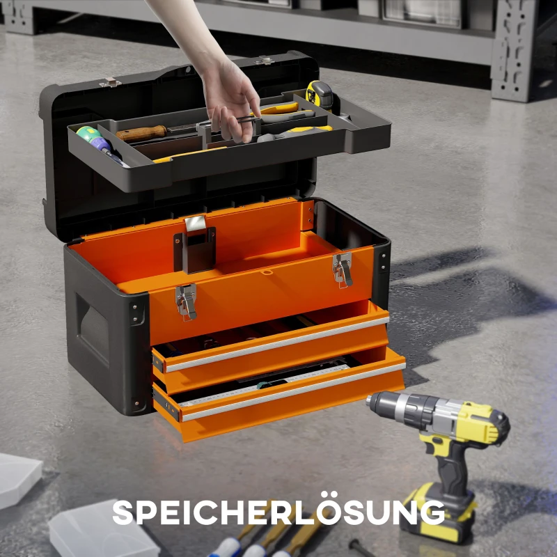 HOMCOM Werkzeugkiste leer, 49,7 x 25,3 x 28,9 cm Werkzeugkasten mit Schublade, Mini-Box Stahl Orange(m-4)