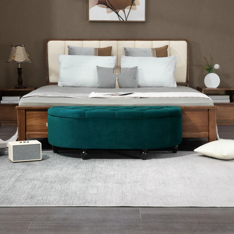 HOMCOM Pouf de Rangement Coffre 2 en 1 - Pouf capitonné Demi-Cercle - Pieds Bois hévéa Noir revêtement Velours vert