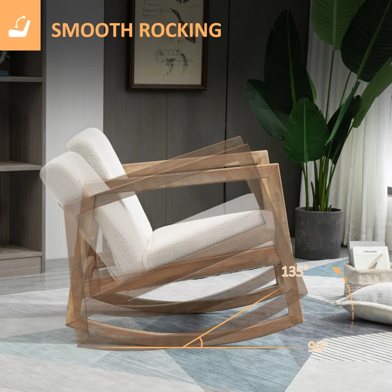 HOMCOM schommelstoel met houten frame, gestoffeerd, relaxstoel, fauteuil, woonkamerstoel, salon met gestoffeerde zitting, rubberhout, crème wit, 60 x 81 x 71 cm(m-4)