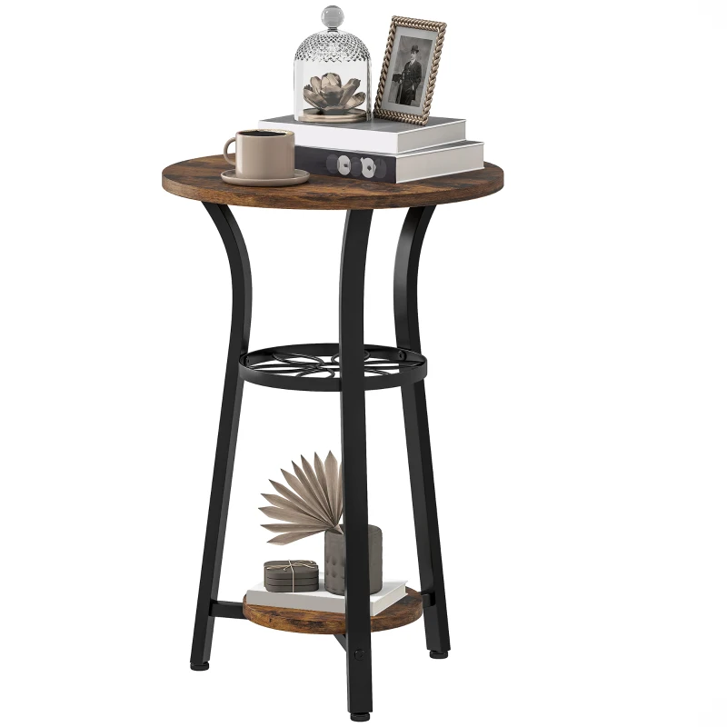 HOMCOM Small Round Side Table with 3 Storage Shelves - Rustic Brown