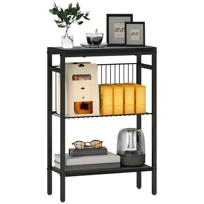 HOMCOM Bijzettafel, 3-Laags Ontwerp, Planken in Houtlook, Stalen Frame, Zwart(m-10)