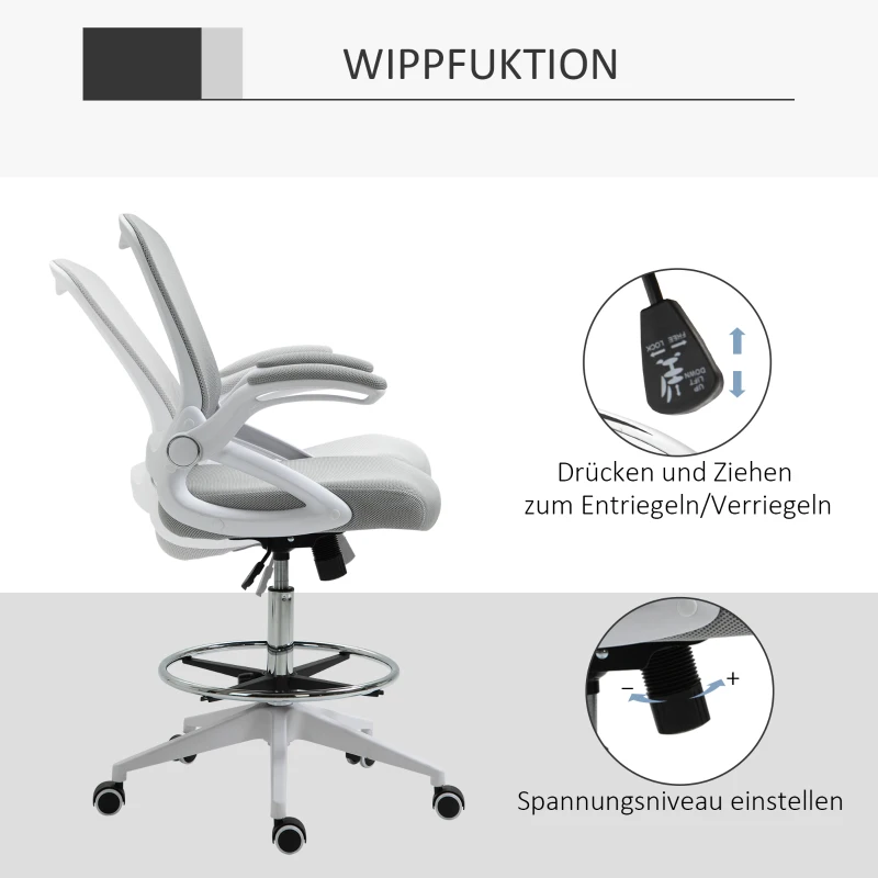 Vinsetto Bureaustoel, Ergonomische Schreibtischstoel, Sta-functie, met Voetensteun, Draaibare Zitting, Staal, Zwart, 64 x 60 x 106-126 cm(m-6)