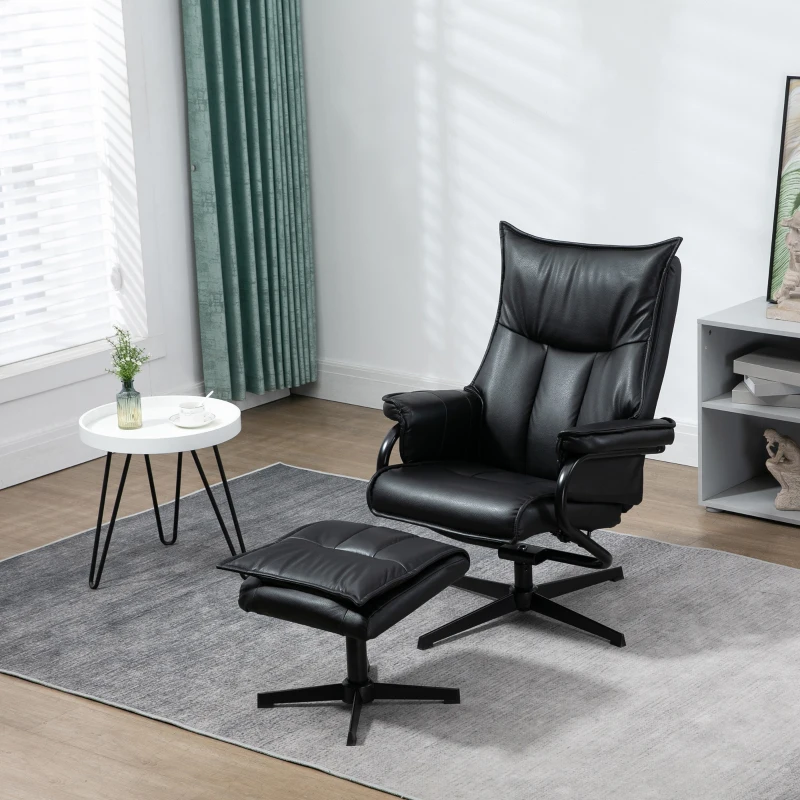 Homcom relaxfauteuil met kruk, draaibaar, verstelbare rugleuning, stalen frame, zwart