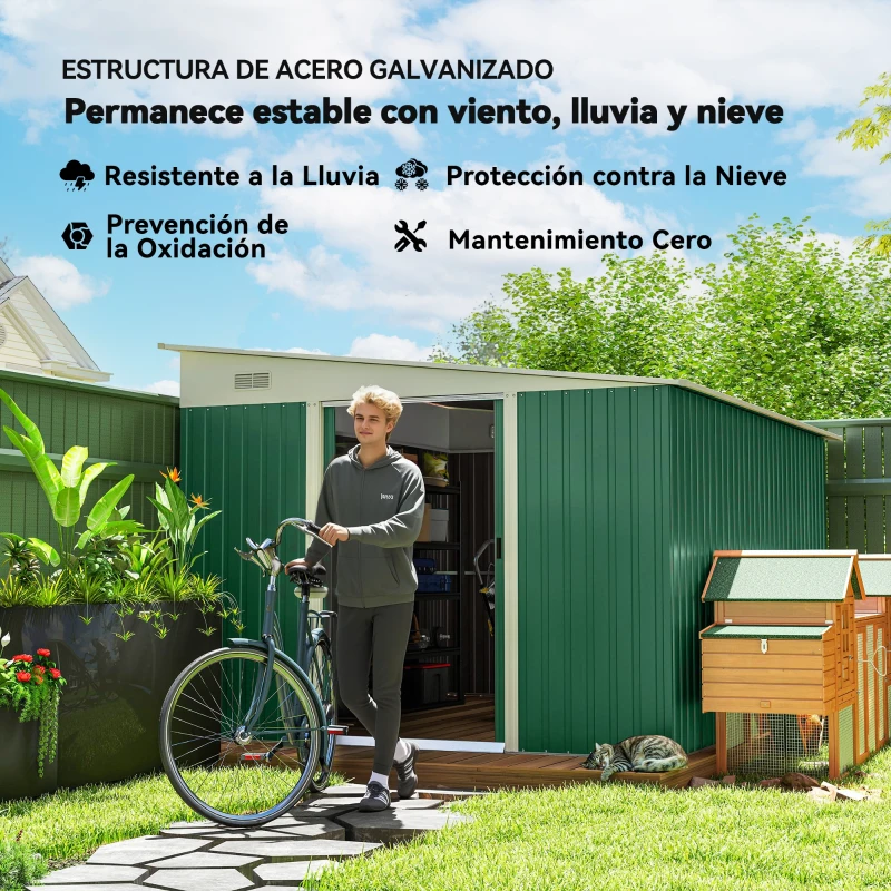 Outsunny Cobertizo de Jardín Exterior 8,9 m² 280x345x201 cm con Puerta y 2 Ventanas para Almacenamiento de Herramientas Verde