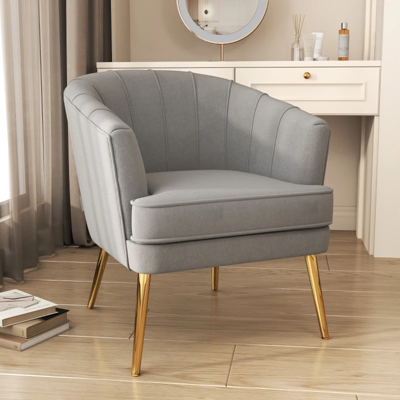 HOMCOM Scaun de Efect din Material Textil, Fotoliu din Catifea, Fotoliu Modern pentru Camera de Zi cu Picioare Metalice Aurii si Captuseala Groasa pentru Dormitor, Gri