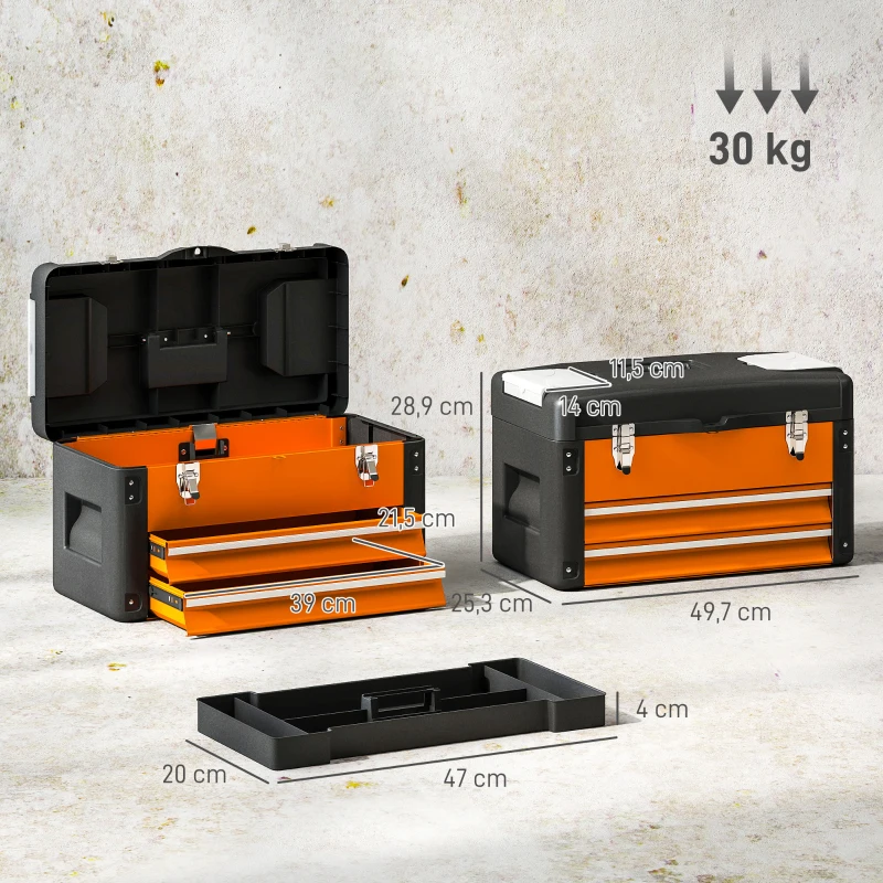 HOMCOM Werkzeugkiste leer, 49,7 x 25,3 x 28,9 cm Werkzeugkasten mit Schublade, Mini-Box Stahl Orange(m-3)