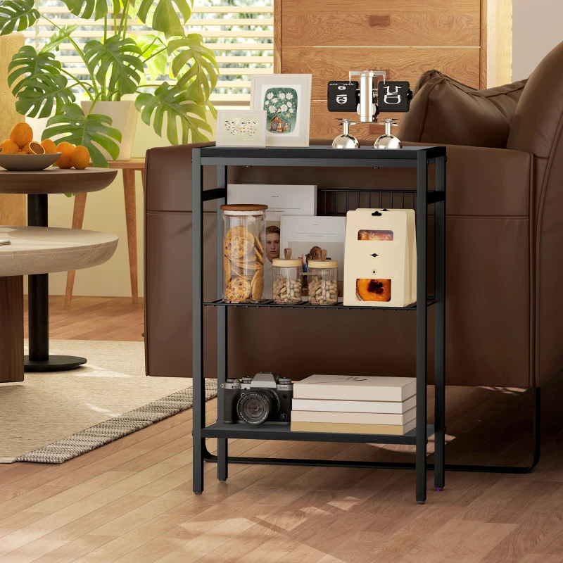 HOMCOM Bijzettafel, 3-Laags Ontwerp, Planken in Houtlook, Stalen Frame, Zwart(m-7)