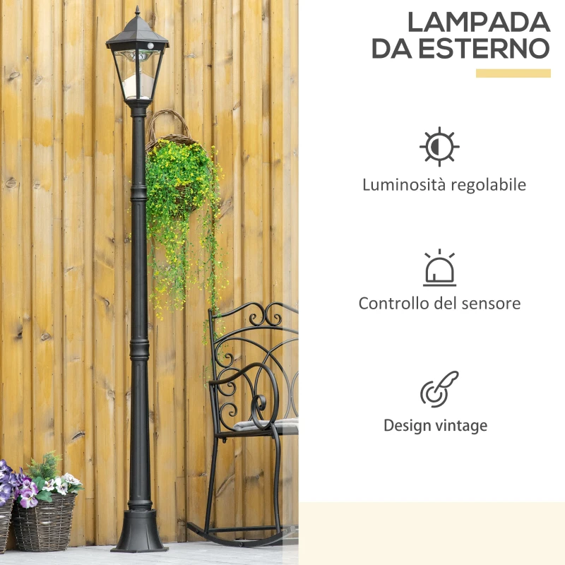 Outsunny Lampione Solare da Giardino con Luce LED e Sensore di Movimento, Alluminio e Vetro, 22x22x196 cm, Nero
