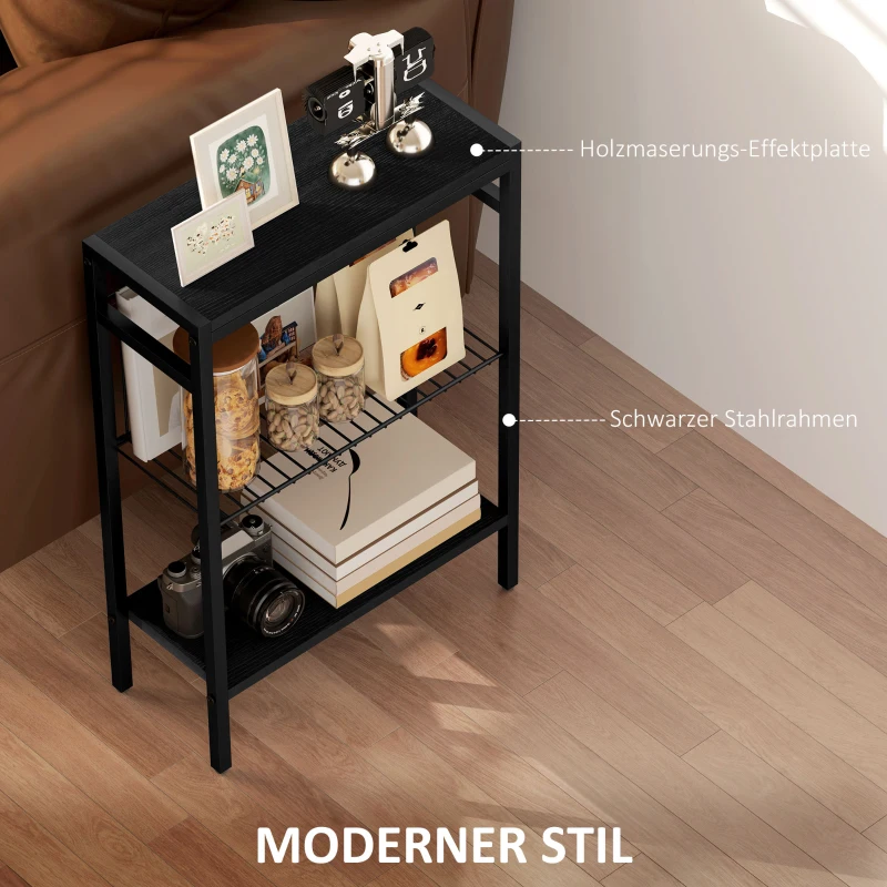 HOMCOM Bijzettafel, 3-Laags Ontwerp, Planken in Houtlook, Stalen Frame, Zwart(m-5)