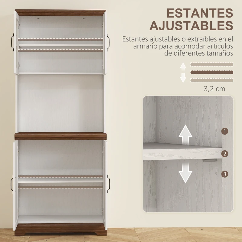 HOMCOM Alacena de Cocina Mueble Auxiliar con 2 Puertas de Vidrio y Baldas Ajustables 72x40x178 cm Blanco