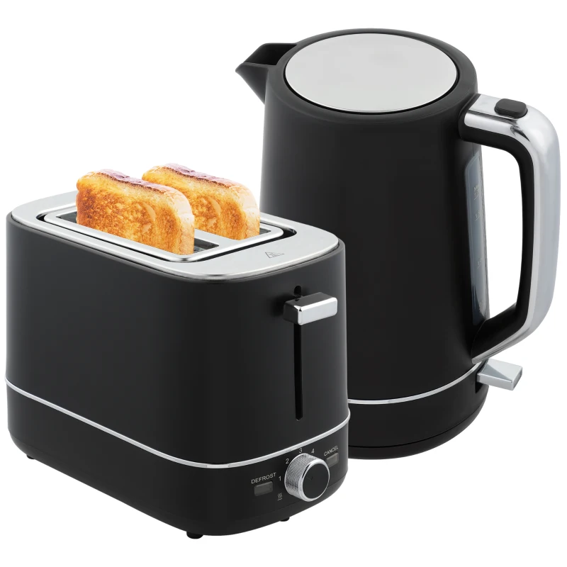 HOMCOM Set aus 1,7 L Wasserkocher und Toaster mit 6 Bräunungsstufen, Schwarz/Stahl