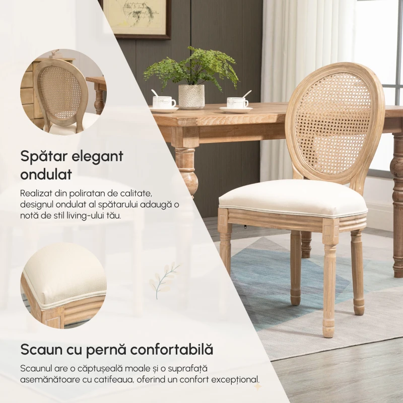 HOMCOM Set 2 Scaune Sufragerie Vintage cu Spatar Perforat 49x56x96cm Alb crem