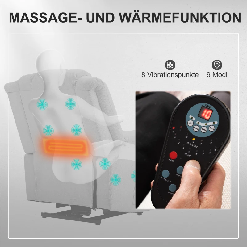 HOMCOM Powerlift-Sessel, Massagesessel mit Wärmefunktion, Polstersessel mit Fußstütze, Seitentasche, Stoffbezug, Dunkelgrau(m-5)