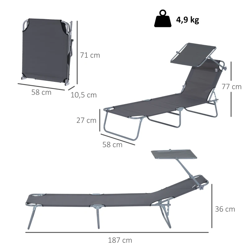 Outsunny Transat Bain de Soleil Pliable Chaise Longue Pliante Grand Confort Dossier Inclinable Multi-positions et Pare-Soleil réglable Dim. 187L x 58l x 36H cm gris