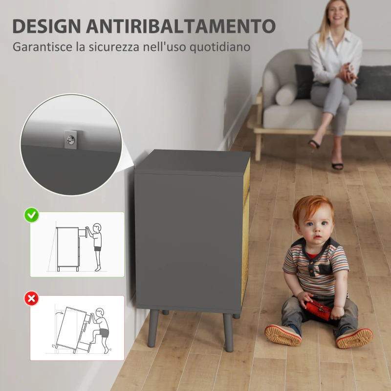 HOMCOM Comodino con Cassetto e Armadietto Moderno Senza Maniglie, 40x39x69 cm, Grigio Scuro e Legno