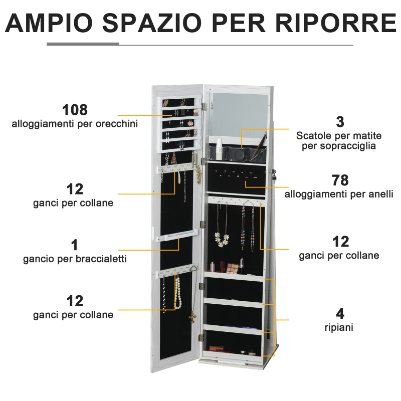HOMCOM Specchio Portagioie a LED con 4 Scaffali e Spazi Portaoggetti, in Legno e Vetro, 15x15x61.75 cm, Bianco