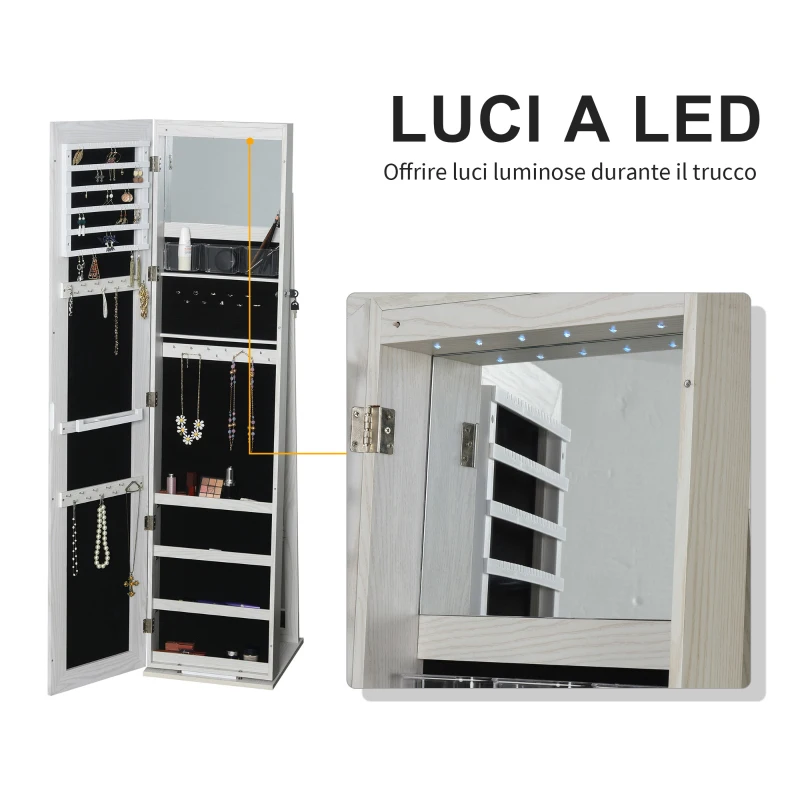 HOMCOM Specchio Portagioie a LED con 4 Scaffali e Spazi Portaoggetti, in Legno e Vetro, 15x15x61.75 cm, Bianco