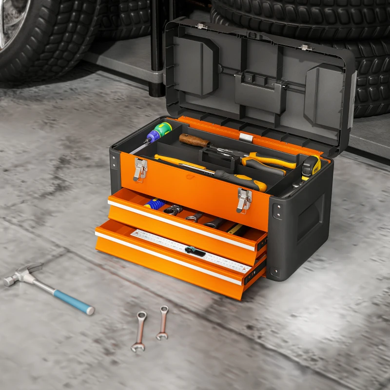 HOMCOM Werkzeugkiste leer, 49,7 x 25,3 x 28,9 cm Werkzeugkasten mit Schublade, Mini-Box Stahl Orange(m-9)