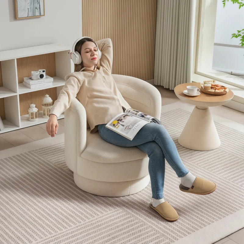 HOMCOM Drehbarer Polstersessel, Moderner Lounge-Sessel mit Kautschukholzrahmen, für Wohnzimmer, Schlafzimmer, Cremeweiß(m-7)