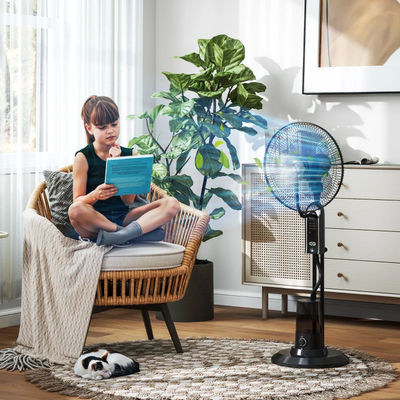 HOMCOM Ventilatore Nebulizzatore Regolabile 3 Velocità e 3 Modalità, Oscillazione a 75°, Telecomando, Nero