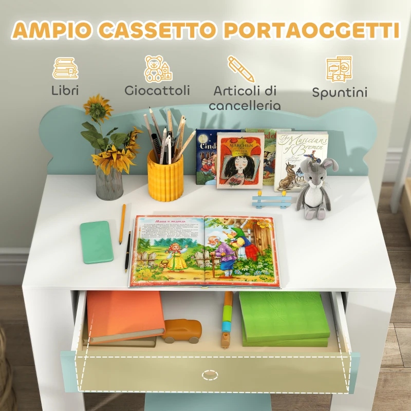AIYAPLAY Set Scrivania per Bambini con Cassetto e Sedia con Schienale a Orsetto, Età 3-8 Anni, Verde