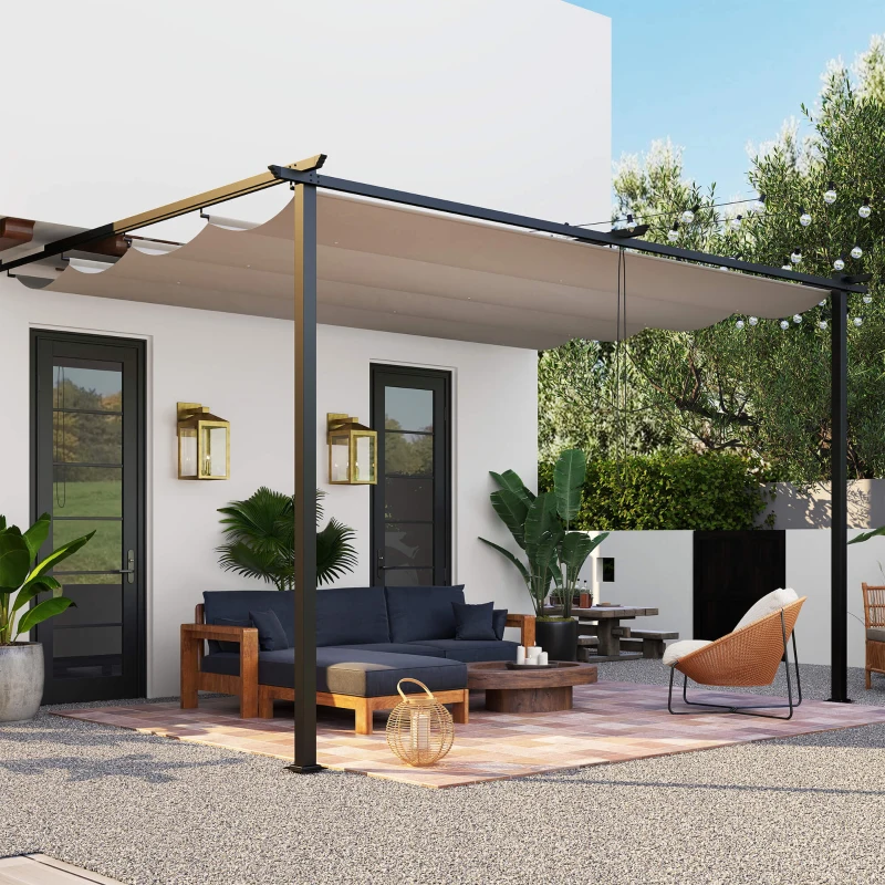 Outsunny Pérgola de Parede de Jardim com Teto Retrátil Tecido de Poliéster e Estrutura de Aço 3,9x2,9 m Creme