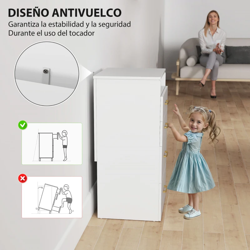 HOMCOM Tocador de Maquillaje con Taburete 3 en 1 con Espejo Cajones y Tablero de Vidrio Visible 48x40x90 cm Blanco