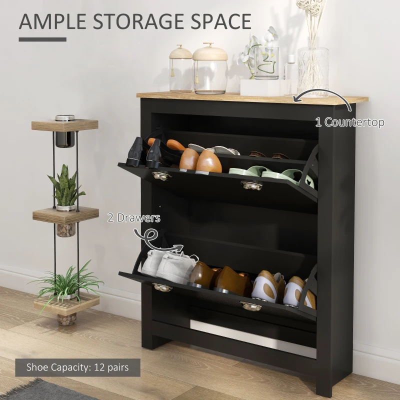 HOMCOM 2 Drawer Shoe Cabinet Modern Narrow Shoe Cupboard Hallway Wooden Storage Organiser with Flip Doors Adjustable Shelf for 12 Pairs, Black