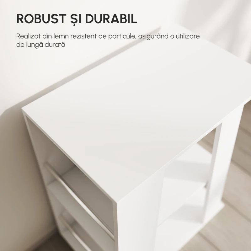 Homcom Carucior Bucatarie Lemn Alb – Cu Roti si 2 Rafturi Deschise