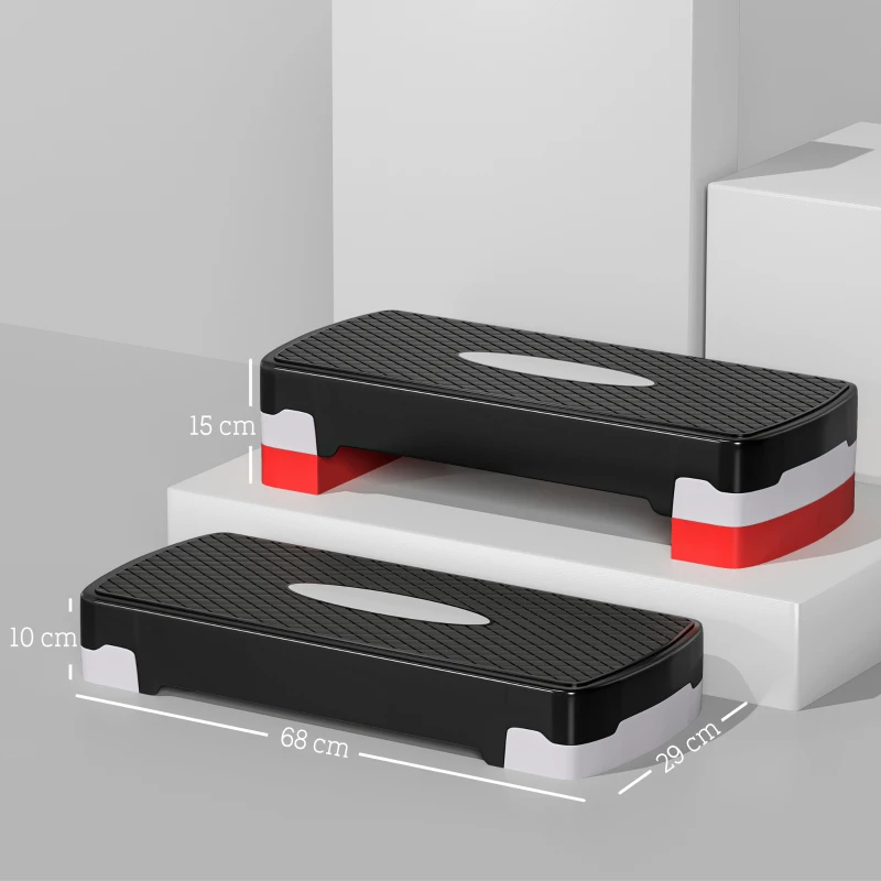 HOMCOM Aerobic Stepper, 2-Staps Hoogteverstelling, 68 x 29 x 15 cm, Zwart+Grijs+Rood