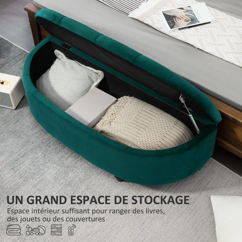 HOMCOM Pouf de Rangement Coffre 2 en 1 - Pouf capitonné Demi-Cercle - Pieds Bois hévéa Noir revêtement Velours vert