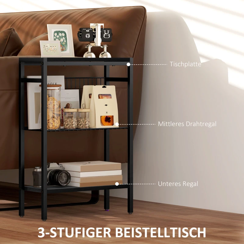HOMCOM Bijzettafel, 3-Laags Ontwerp, Planken in Houtlook, Stalen Frame, Zwart(m-4)