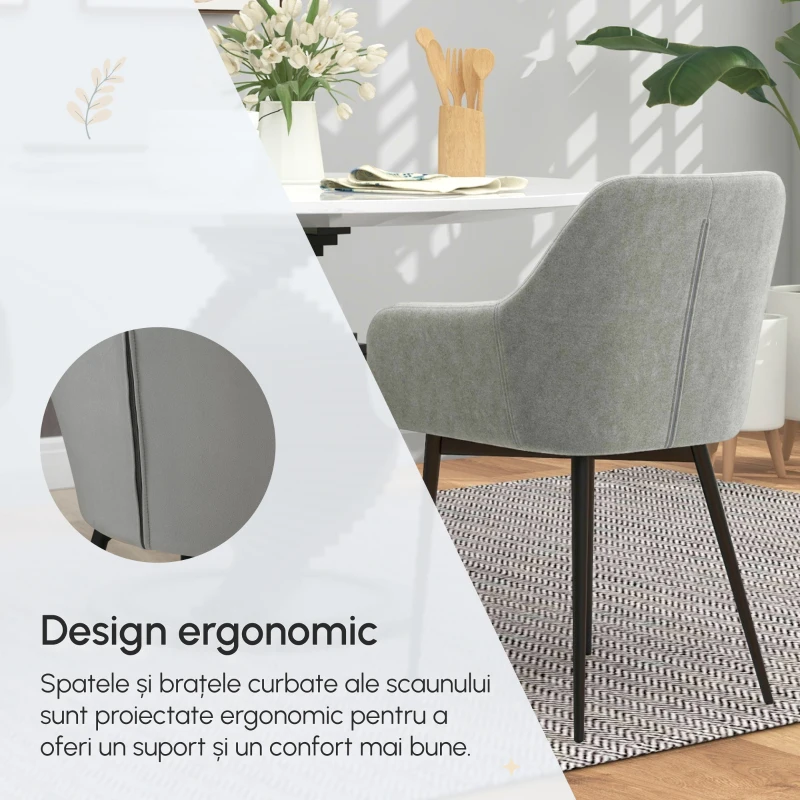 Homcom Set 2 Scaune Dining Gri inchis – Tapitate cu Brate & Cadru Solid