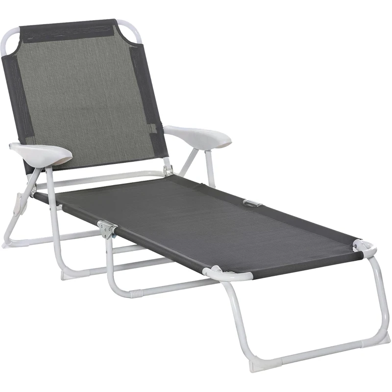 Outsunny Bain de Soleil Pliable - transat inclinable 4 Positions - Chaise Longue Grand Confort avec accoudoirs - métal époxy textilène - dim. 186L x 66l x 80H cm - Gris foncé