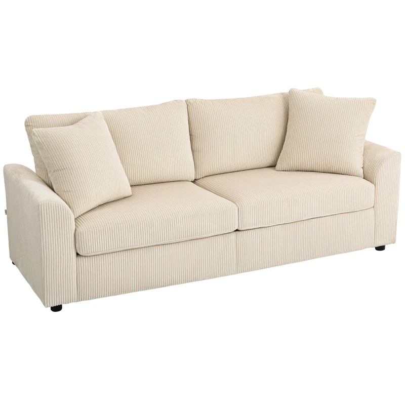 HOMCOM 3-Sitzer-Sofa mit Zierkissen, Cordsofa für Wohnzimmer, Schlafzimmer, 212 cm breit, Cremeweiß(m-10)