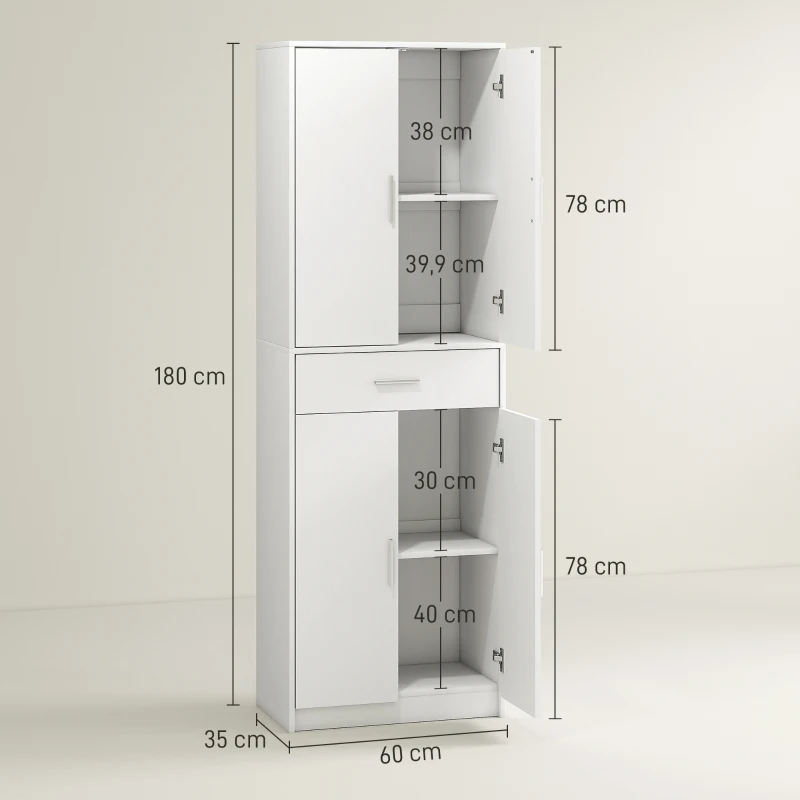 HOMCOM Armoire de cuisine moderne avec placards à portes, étagères réglables et tiroir, 60 x 35 x 180 cm, blanc
