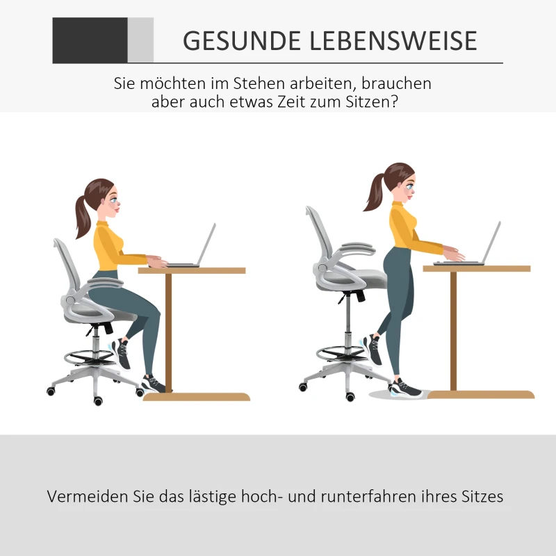 Vinsetto Bureaustoel, Ergonomische Schreibtischstoel, Sta-functie, met Voetensteun, Draaibare Zitting, Staal, Zwart, 64 x 60 x 106-126 cm(m-5)