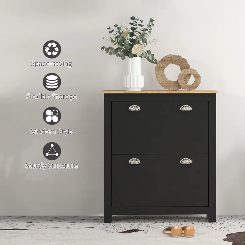 HOMCOM 2 Drawer Shoe Cabinet Modern Narrow Shoe Cupboard Hallway Wooden Storage Organiser with Flip Doors Adjustable Shelf for 12 Pairs, Black