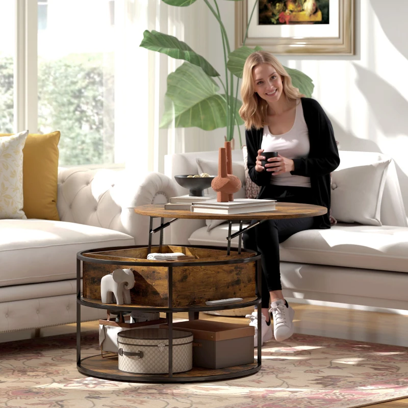 HOMCOM Ronde Koffietafel met Ophefbaar Tafelblad, Opbergruimte, Zijvakken, Stalen Frame, Salontafel, Bruin(m-7)
