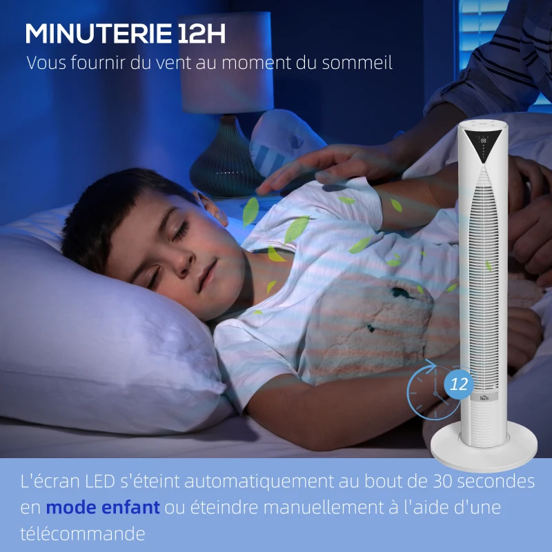 HOMCOM Ventilateur tour avec télécommande minuterie 12 heures mode veille 3 vitesses 31,5 x 31,5 x 96 cm blanc